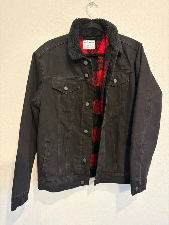 Old Navy Sherpa Lined Black Denim Jacket Mens M Tall Plaid Flannel Trucker Coat - Picture 2 of 12
